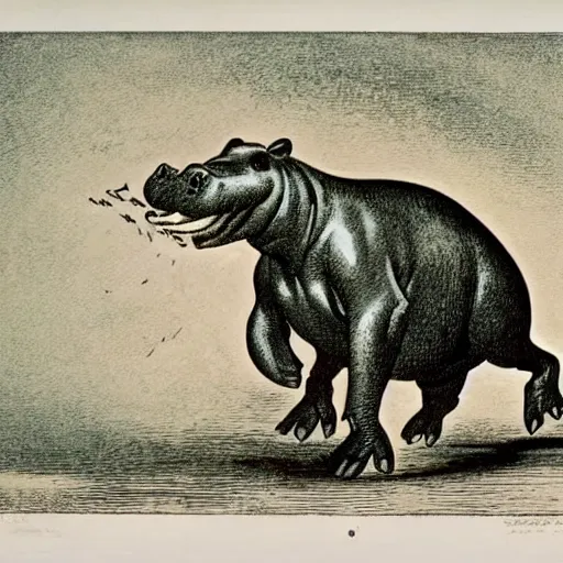 Image similar to color lithograph of a hippopotamus in a circus performing a trick.