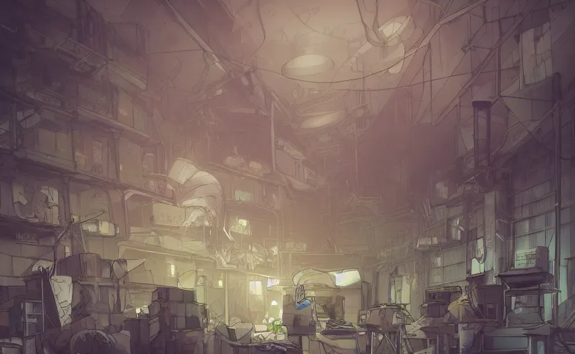 Prompt: a bio - monster in a mess warehouse, crystal lights, resident evil, sci - fi atmosphere, cel - shading, cinematic, artstation, studio ghibli, miyazaki, highly details