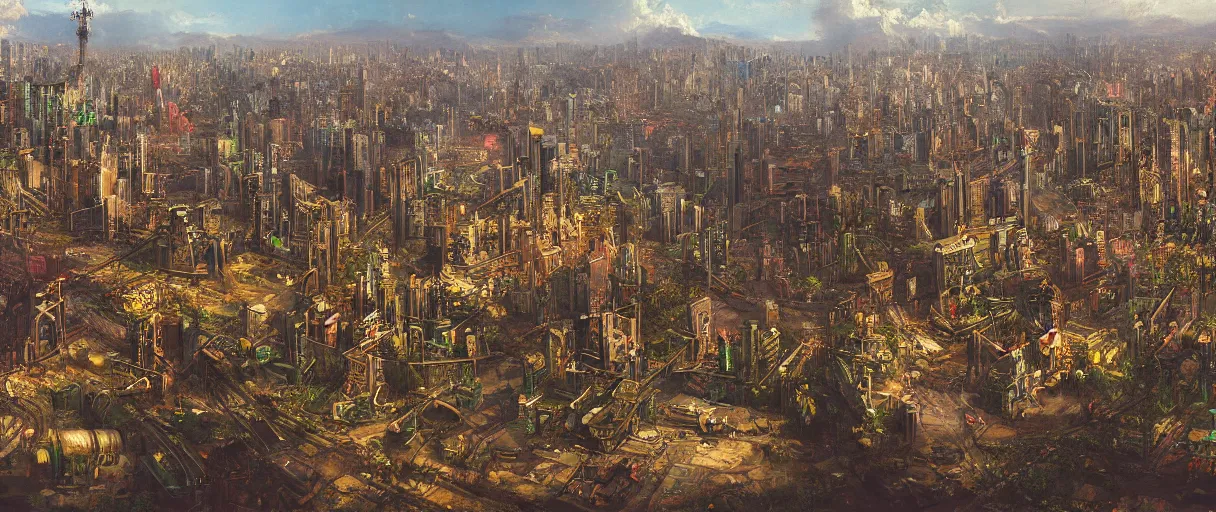 Prompt: a highly detailed painting of an abandoned cyberpunk city in the style of thomas cole, aerial view