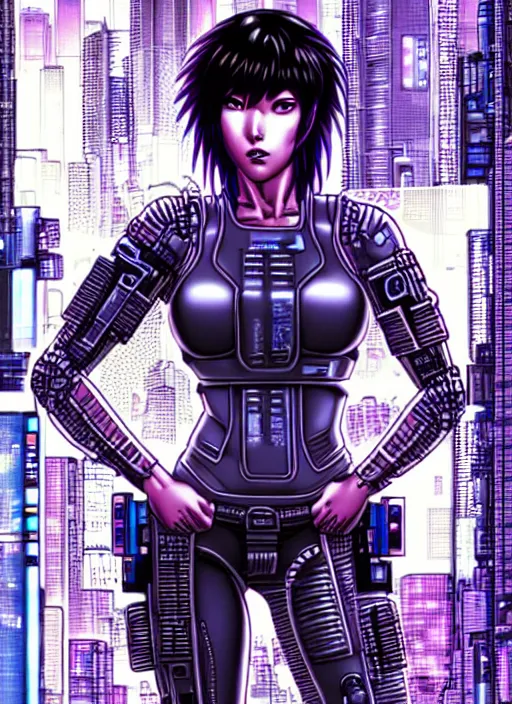 Image similar to motoko kusanagi in grungy cyberpunk megacity, intricate and finely detailed, cyberpunk vaporwave, portrait by j scott campbell