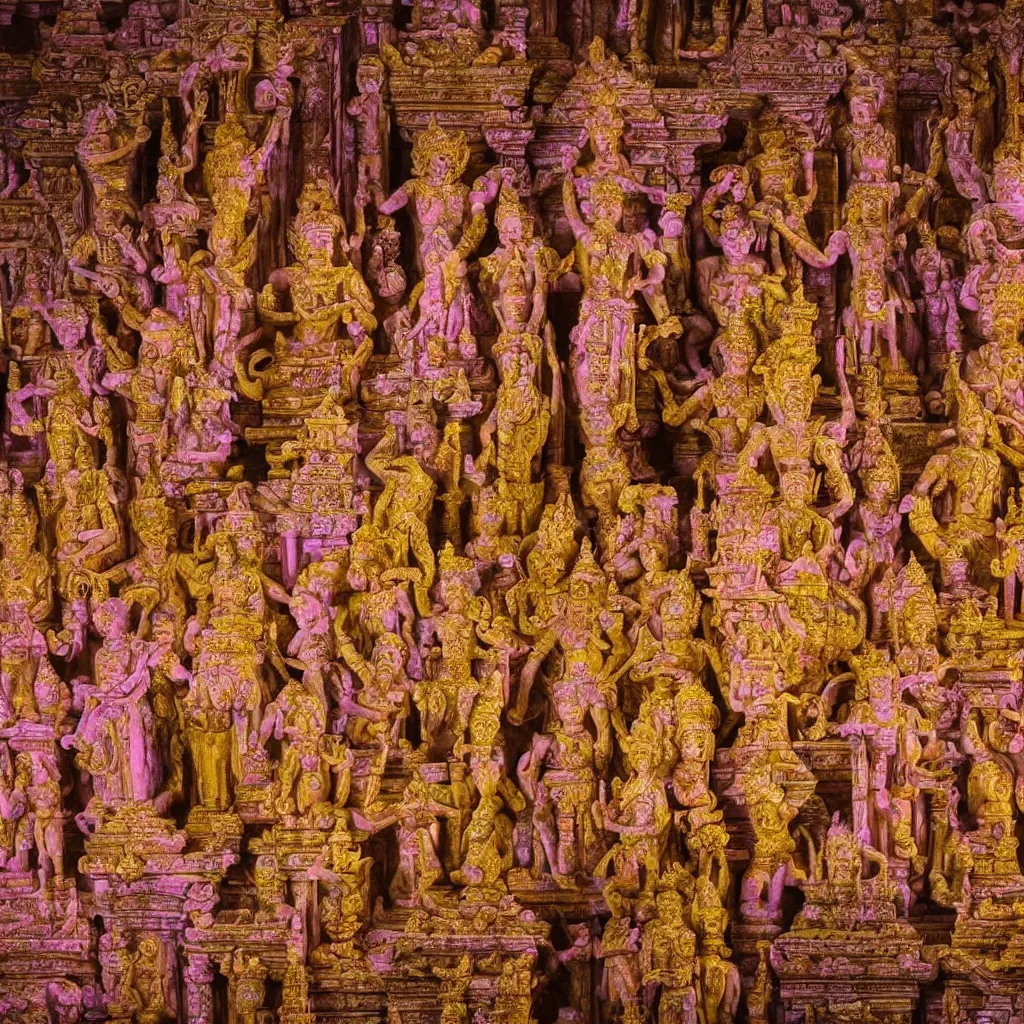 Prompt: detailed image of ancient temple with statues of gods, shining gold and pink, beatifull, masterpiece, fluorescent