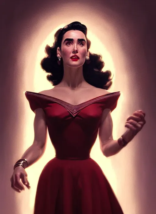 Image similar to portrait of 1 9 5 0 s darna, jennifer connelly, intricate, elegant, glowing lights, highly detailed, digital painting, artstation, glamor pose, concept art, smooth, sharp focus, illustration, art by wlop, mars ravelo and greg rutkowski