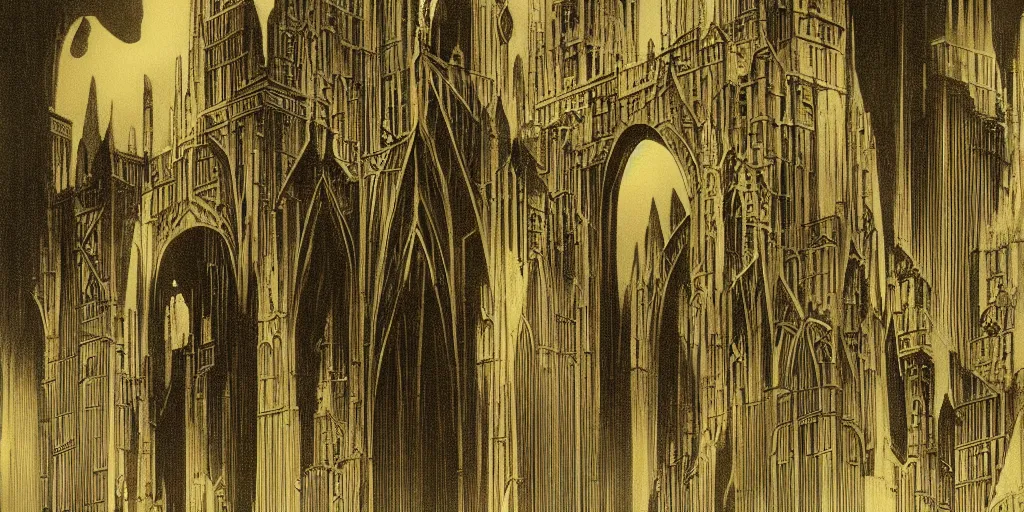Image similar to gothic gold curve architecture by hugh ferriss
