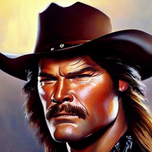 Image similar to ultra realistic portrait painting of kurt russel as a western outlaw, art by frank frazetta, 4 k, ultra realistic, highly detailed, epic lighting