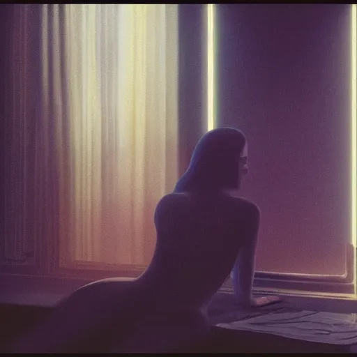 Image similar to silhouette of a Elle Fanning, pitch black room, extremely detailed masterpiece, oil on canvas, low-key neon lighting, artstation, Blade Runner 2049, Roger Deakin’s cinematography, by Whyn Lewis,