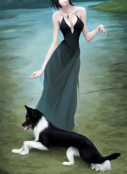 Image similar to wide angle beautiful full body portrait of a strong male anthropomorphic anthro border collie fursona wearing an evening gown by a lake at night, character design by charlie bowater, henry asencio, and ross tran, furry art, furaffinity, beautiful, glamor pose, detailed, aesthetic, trending on artstation