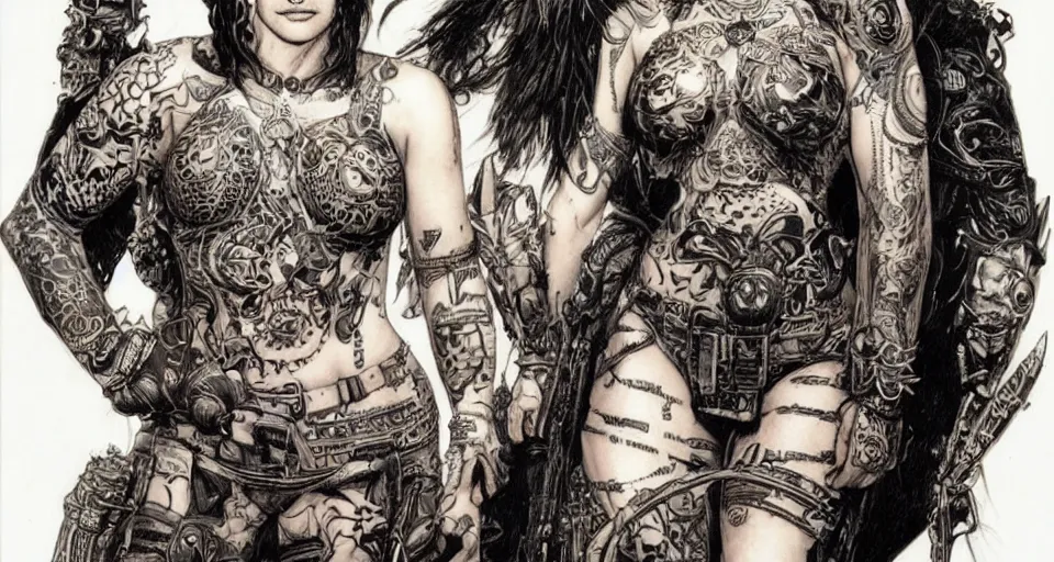 Image similar to a beautiful portrait of a woman with many tattoos, in ornate armor, Travis Charest style