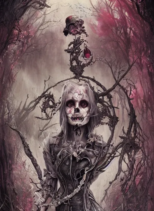 Prompt: alice in wonderland death tarot card, highly detailed, half skull face, cinematic, 8 k, by stanley artgermm, tom bagshaw, greg rutkowski, carne griffiths, ayami kojima, beksinski, giger, trending on deviantart, hyper detailed, horror, full of colour