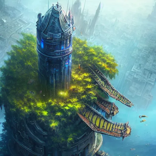 Image similar to aerial view of a giant fish tank shaped like a tower in the middle of a city, godray on plants, fantasy digital art, fantasy style art, fantasy hearthstone art style, fantasy game art by greg rutkowski, darksouls concept art