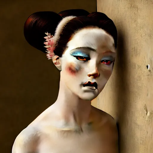 Prompt: photographic portrait of a stunningly beautiful renaissance female with geisha makeup in soft dreamy light at sunset, contemporary fashion shoot, by edward robert hughes, annie leibovitz and steve mccurry, david lazar, jimmy nelsson, breathtaking, 8 k resolution, extremely detailed, beautiful, establishing shot, artistic, hyperrealistic, beautiful face, octane render