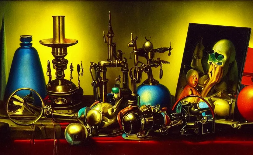 Image similar to disturbing colorful oil painting dark background dutch golden age vanitas still life futuristic sci fi beautiful composition with shiny smooth objects strange lights shiny metal reflections moody lights rachel ruysch dali todd schorr very detailed perfect composition rule of thirds masterpiece canon 5 0 mm, cinematic lighting, photography, retro, film, kodachrome