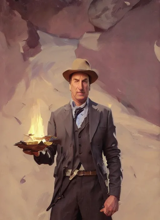 Image similar to portrait of saul goodman, jodhpurs hyperborea winter traveler treasure hunter greg manchess painting by sargent and leyendecker, fantasy, medium shot, asymmetrical, intricate, elegant, matte painting, illustration, hearthstone, by rhads, by greg rutkowski, by greg tocchini, by james gilleard, by joe fenton