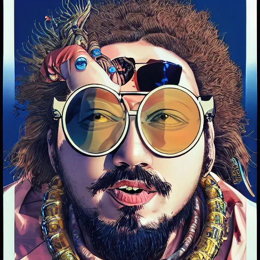 Prompt: portrait of crazy post malone with round digital sunglasses, as samurai, explosions, symmetrical, by yoichi hatakenaka, masamune shirow, josan gonzales and dan mumford, ayami kojima, takato yamamoto, barclay shaw, karol bak, yukito kishiro