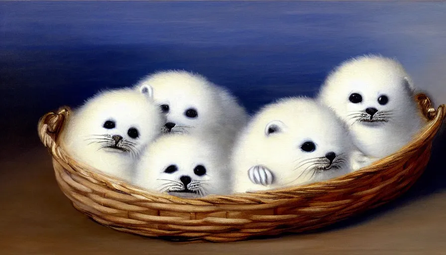 Image similar to highly detailed painting of cute furry white baby seals cuddled up in a basket by william turner, thick brush strokes and visible paint layers, 4 k resolution, blue and white colour scheme