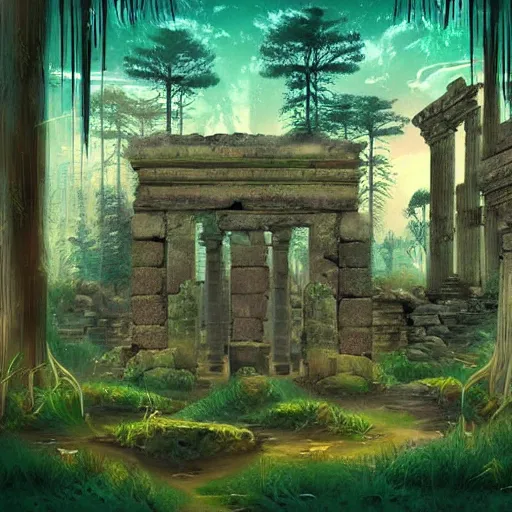 Prompt: ancient ruins in a forest,retrowave art,trending on art station