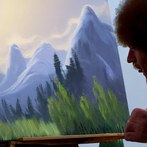 Image similar to a closeup photorealistic photograph of bob ross working on a canvas painting of spiderman. film still. brightly lit scene. mountains and trees. this 4 k hd image is trending on artstation, featured on behance, well - rendered, extra crisp, features intricate detail, epic composition and the style of unreal engine.