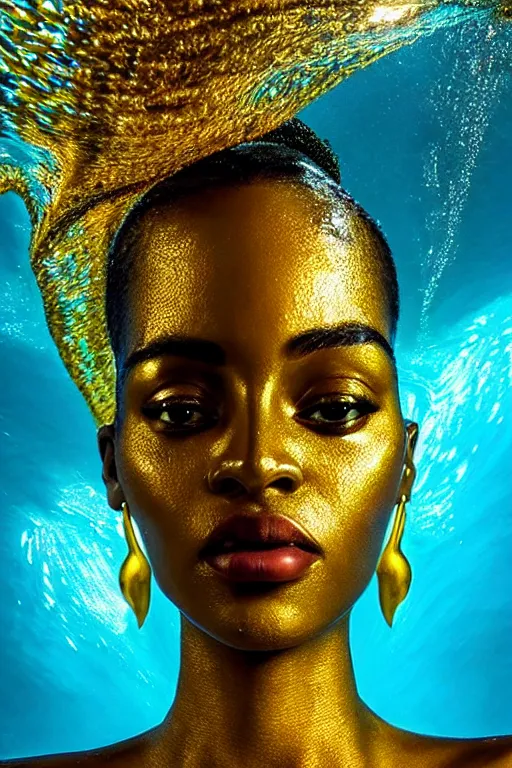 Image similar to hyperrealistic precisionist cinematic half underwater scene very expressive! translucent elegant african goddess full body, gold jewerly, highly detailed face, digital art masterpiece, aykut aydogdu eric zener, dramatic volumetric light, long shot, low angle uhd 8 k, sharp focus