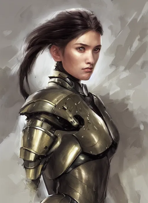 Image similar to a professional painting of a beautiful young female, clothed in military armor, olive skin, long dark hair, beautiful bone structure, symmetrical facial features, intricate, elegant, digital painting, concept art, smooth, sharp focus, illustration, from Metal Gear, by Ruan Jia and Mandy Jurgens and Artgerm and William-Adolphe Bouguerea