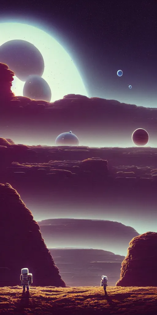 Image similar to a lonely astronaut on a amazing alien landscape and the universe, digital art, breathtaking, golden ratio, extremely detailed, establishing shot, hyperrealistic, cinematic lighting, particles, unreal engine, simon stålenhag, rendered by Beeple, Makoto Shinkai, syd meade, simon stålenhag, Ruan Jia, Kentaro Miura, environment concept, artstation, octane render, 4K UHD image