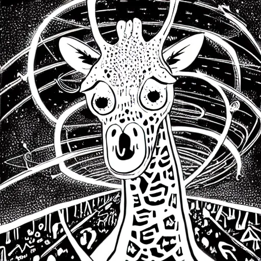 Image similar to black and white trippy comic art of a giraffe being abducted by ufo, lots of particles, drawn by Martin Rowson, Tim Burton, Studio Ghibli, Alex Pardee, Nekro Petros Afshar, James McDermott, cgsociety 4K