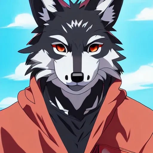 Image similar to key anime visual portrait of an anthropomorphic anthro wolf fursona, in a jacket, with handsome eyes, official modern anime art