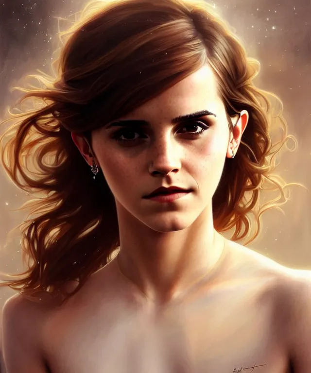 Prompt: Emma watson elegant dancer woman portrait, sci-fi, amber eyes, face, long hair, fantasy, intricate, elegant, highly detailed, digital painting, artstation, concept art, smooth, sharp focus, illustration, art by artgerm and greg rutkowski and alphonse mucha