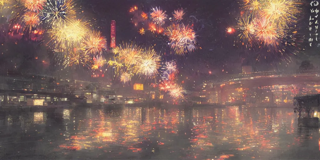 Image similar to anime kyoto animation key by greg rutkowski night, fireworks festival at river bank, kimono