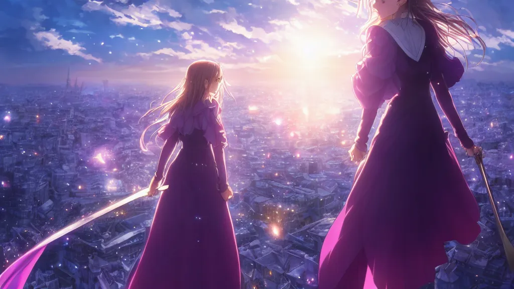 Image similar to medium portrait emma watson in heavens feel movie, detailed face, violet evergarden, tokyo, ufotable, key visual, cinematic, city background, night time, street, fate stay night, unlimited blade works, greg rutkowski, high resolution, street clothes, anime, high budget