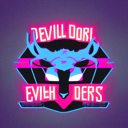 Image similar to logo for evil corporation that involves deer, retro synthwave style, retro sci fi