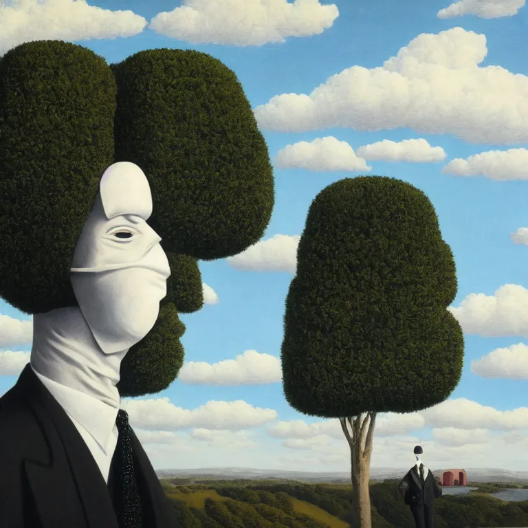 Image similar to portrait of a faceless white - masked - head man in a suit and black gloves, clouds and nature landscape in the background, by rene magritte, detailed painting, distance, centered, hd, hq, high resolution, high detail, 4 k, 8 k