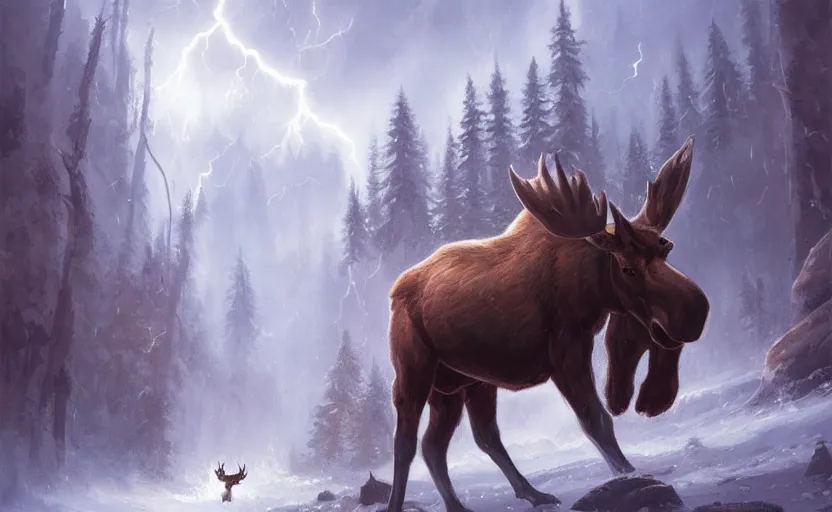 Prompt: moose with lightning horns, Eikthyr, Jordan Grimmer, Noah Bradley