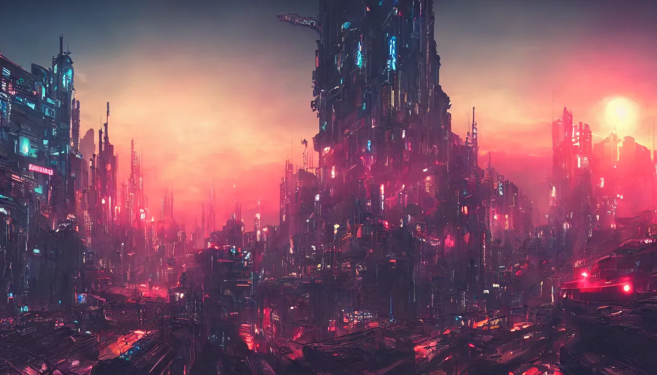 Image similar to aesthetic sunset futuristic dystopian cyberpunk city