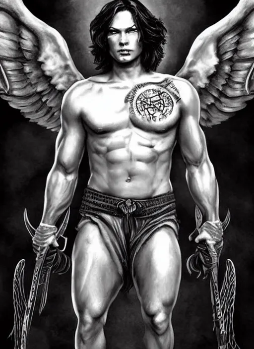 Prompt: attractive Sam Winchester as a muscular angel with demon wings wide open, whole body tattooed with runes and satanic symbols, D&D!, fantasy style, sharp focus!, ultra detailed, art by Artgerm and Peter Andrew Jones, WLUP