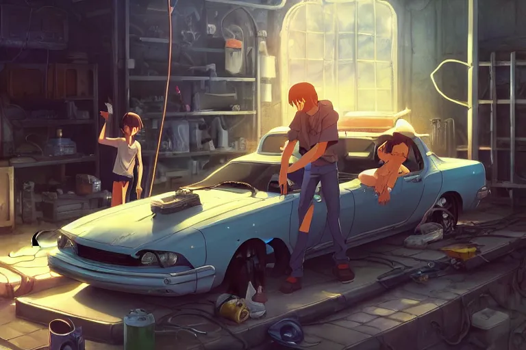 Image similar to rats fixing cars in the garage, key visual, a fantasy digital painting by makoto shinkai and james gurney, trending on artstation, highly detailed