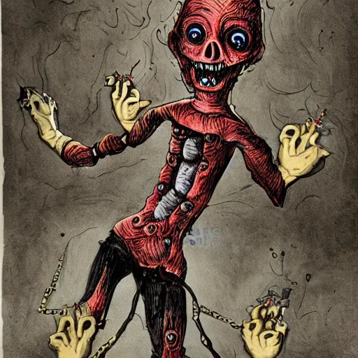 Image similar to evil puppeteer, campy horror illustration, highly detailed and disturbing