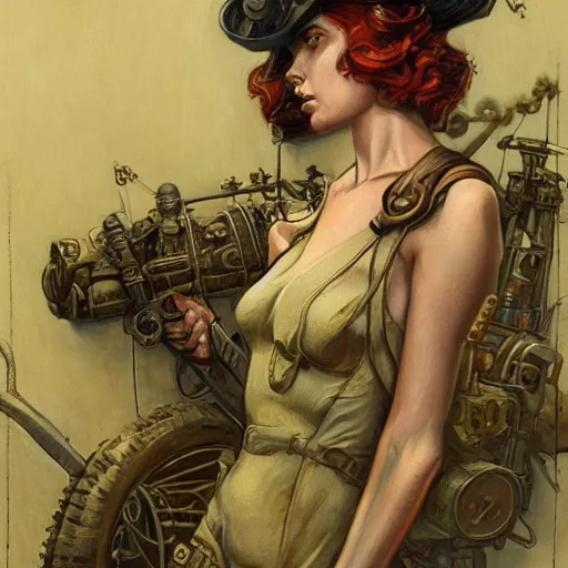 Image similar to a dieselpunk painting in the style of donato giancola, and in the style of charlie bowater, and in the style of charles dulac. symmetry, smooth, sharp focus, semi - realism, intricate detail.