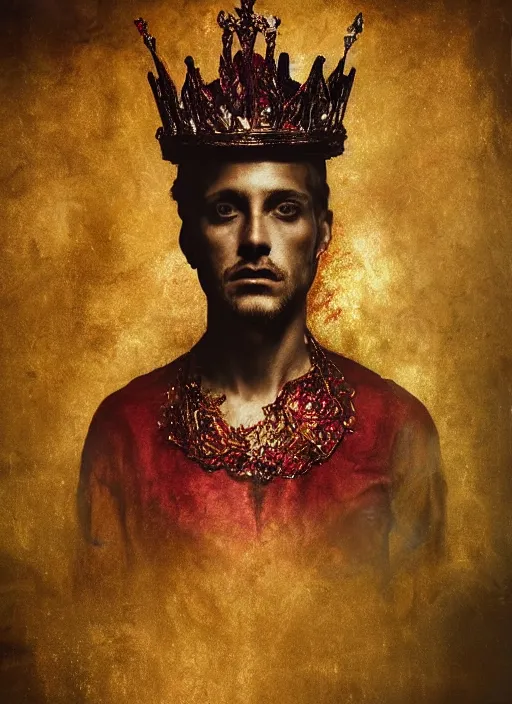 Image similar to 'Portrait of Crowned King Arthur' by Lee Jeffries royally decorated, whirling plasma, atmospheric motes, red and gold Sumptuous garb, gilt silk fabric, radiant colors, fantasy, perfect lighting, studio lit, micro details,