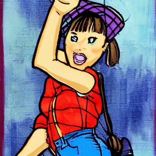 Image similar to cute girl wearing plaid and blue jean rolled up to her knees, she has her hand on a very large paint brush, modern cartoon trading card,