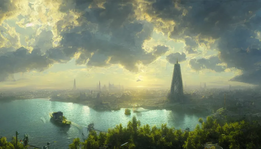 Prompt: capital city of the free republic of liberland with humongous green glass dome, solarpunk, eutopie, sunset light, hyperdetailed, artstation, painting by gaston bussiere, craig mullins, j. c. leyendecker, 8 k