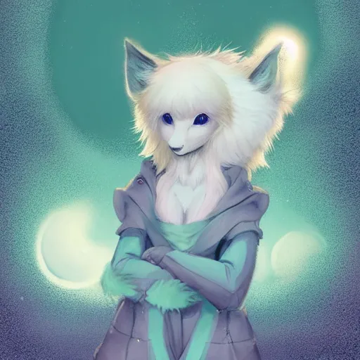 Prompt: aesthetic portrait commission of a albino cute furry anthro winter fox wearing a cute mint colored cozy soft pastel winter outfit with the full moon in the background , soft snowy winter Atmosphere. Character design by charlie bowater, ross tran, artgerm, and makoto shinkai, detailed, inked, western comic book art, 2021 award winning painting