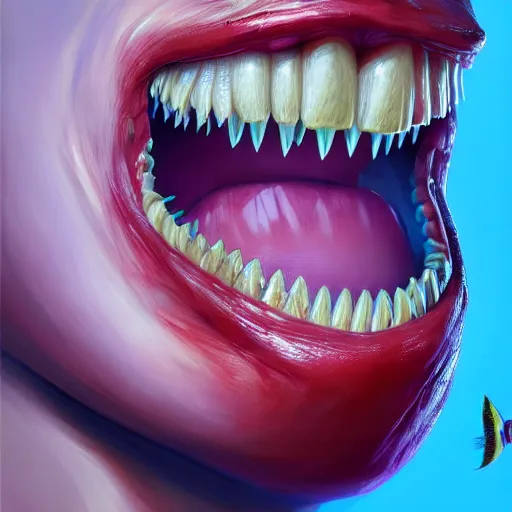 Image similar to a fish wearing human dentures, amazing, beautiful, perfect eyes, full body shot, portrait, vivid colors, elegant, concept art, sharp focus, digital art, Hyper-realistic, 4K, Unreal Engine, Highly Detailed, HD, Dramatic Lighting by Brom, trending on Artstation