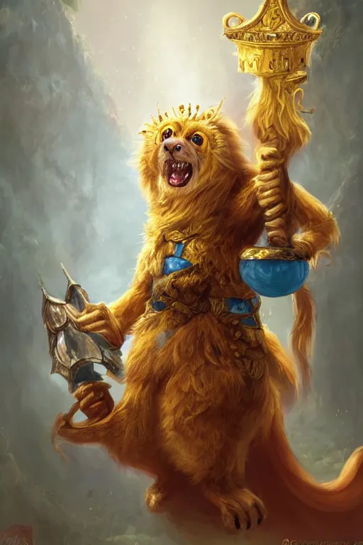 Image similar to cute anthropomorphic Golden lion tamarin knight wearing a cape and a crown, tiny, small, miniature bear, baby animal, short, pale blue armor, cute and adorable, pretty, beautiful, DnD character art portrait, matte fantasy painting, DeviantArt Artstation, by Jason Felix by Steve Argyle by Tyler Jacobson by Peter Mohrbacher, cinematic lighting