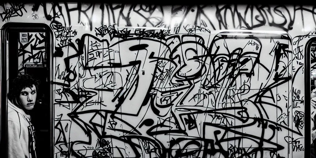 Image similar to subway cabin inside all in graffiti, man in stussy jacket closeup writing graffiti, night, film photography, exposed b & w photography, christopher morris photography