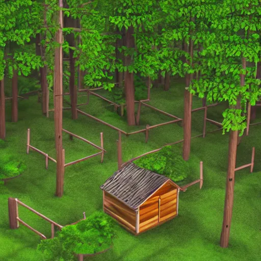 Image similar to 3 d render, isometric forest, photoreal, cabin in the woods