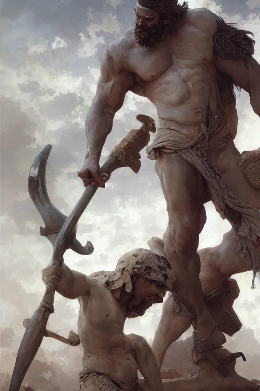 Image similar to ancient historically accurate depiction of the Bible Character Goliath of Gath, the Philistine warrior giant by frank miller, illustration by Ruan Jia and Mandy Jurgens and William-Adolphe Bouguereau, Artgerm, 4k, digital art, surreal, space dandy style, highly detailed, godsend, artstation, digital painting, concept art, smooth, sharp focus, illustration by Ruan Jia and Mandy Jurgens and William-Adolphe Bouguereau, Artgerm