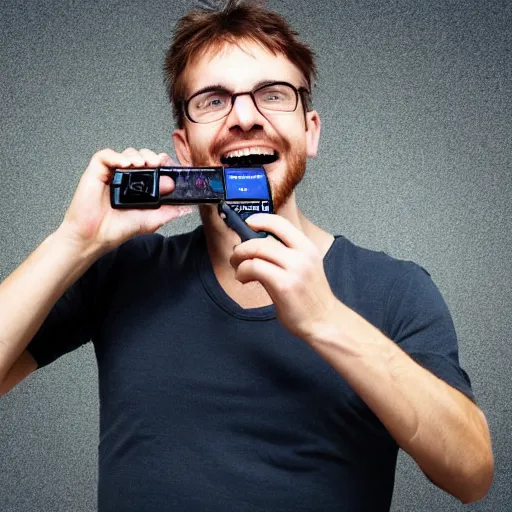 Prompt: man holding a nokia phone and biting unto it