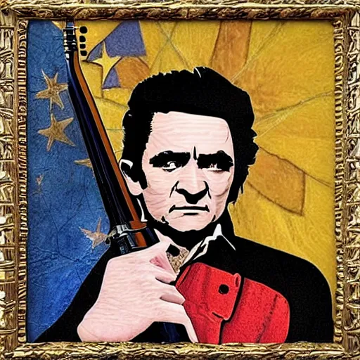 Image similar to fantasy art ultra detailed color johnny cash as a revolutionary war warrior bayoneting a traitor fbi agent