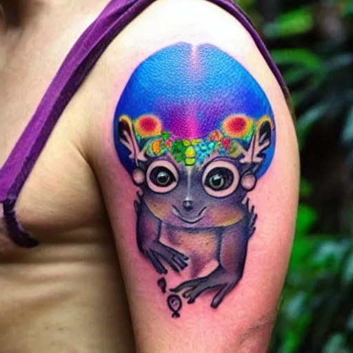 Image similar to shoulder tattoo of a multicolored hallucinogenic cute bush baby, eyes are colorful spirals, surrounded with colorful magic mushrooms and rainbowcolored marihuana leaves, insanely integrate