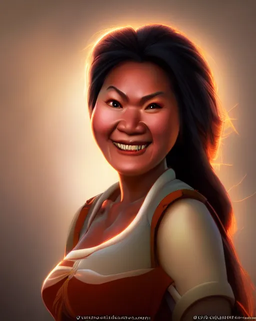 Image similar to smiling happy heavy filipina woman character portrait, by don bluth, sci - fi environment, highly detailed, dynamic shadows, 4 k, wallpaper - 1 0 2 4