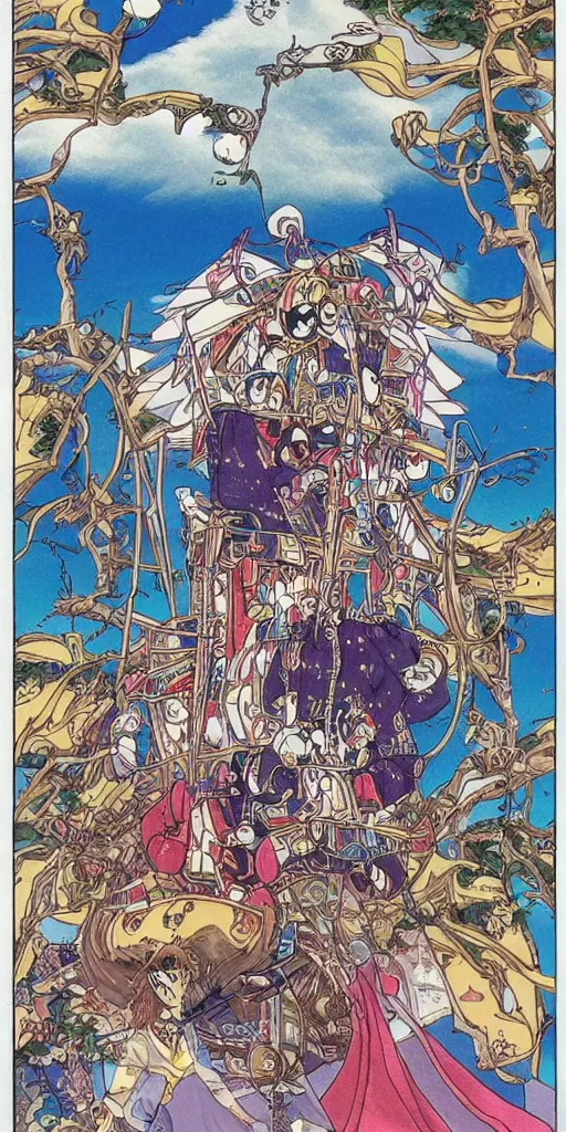 Image similar to a mystical chariot drawn by pandas in japan, 1990s anime, full color, tarot card the chariot,